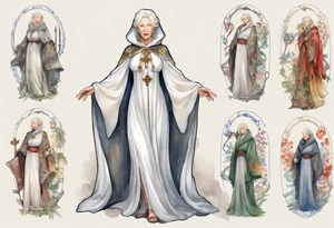 medieval Helen Mirren dressed in white cloak tattoo idea