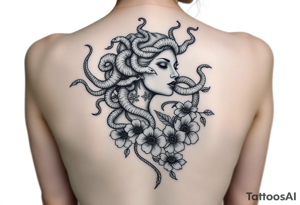 medusa  with snakes coming out of her head with flowers tattoo idea