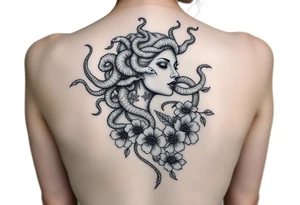 medusa  with snakes coming out of her head with flowers tattoo idea