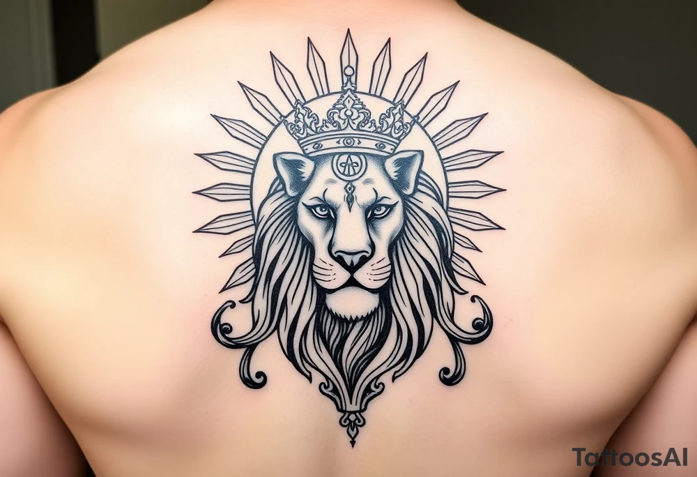 A majestic Persian lion with a radiant sun behind it, inspired by the ancient 'Lion and Sun' emblem of Iran. The lion wears a regal Persian crown, symbolizing power and sovereignty. The design elegantly incorporates the 'Faravahar' symbol, blending its wings and spiritual elements into the composition. The artwork is intricate, with fine ornamental Persian patterns, evoking a historical yet modern tattoo style. The atmosphere is grand, with a bold blackwork and neo-traditional tattoo aesthetic." tattoo idea