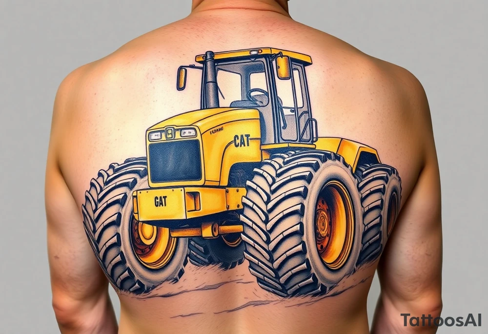 A hyper-realistic yellow tractor in motion, dust swirling around its massive tires. tattoo idea