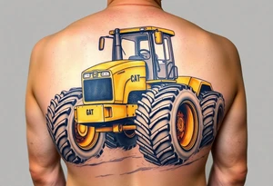 A hyper-realistic yellow tractor in motion, dust swirling around its massive tires. tattoo idea