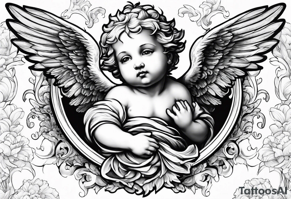 renaissance style cherub flying with teddy bear tattoo idea