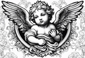 renaissance style cherub flying with teddy bear tattoo idea