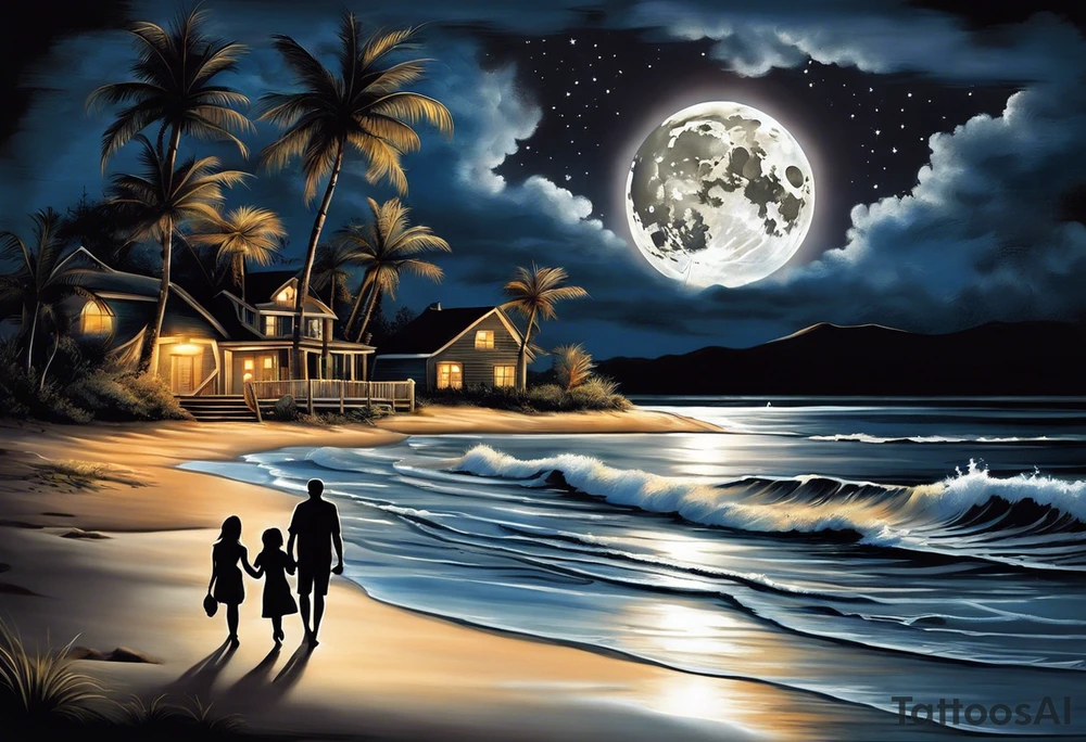 Create a stunning image of a realistic tattoo design that features a husband and wife holding hands, accompanied by their two children, walking along a beautiful beach. The moon shines radiantly in the night sky, illuminating the serene scene. Let your creativity flourish as you envision the intricate details that bring this tattoo to life, encapsulating the essence of love, family, and the awe-inspiring beauty of nature. tattoo idea