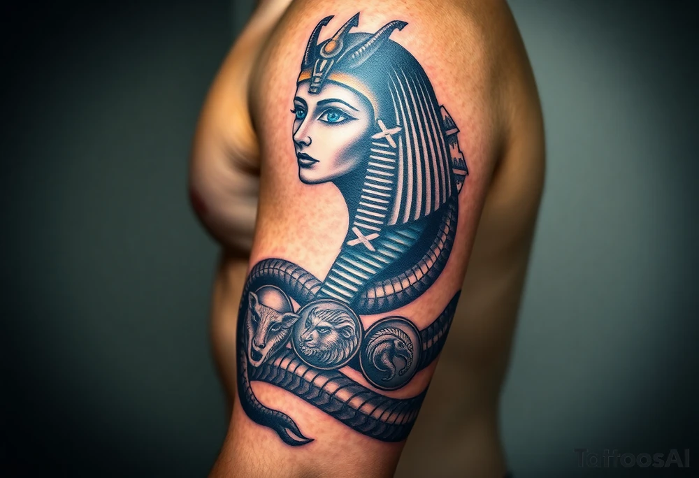 A DSLR photo of a full upper arm tattoo on a man's right arm, from neck to below the elbow. The tattoo shows the Egyptian goddess Renenutet with a serene and powerful female face, shaded with lifelike detail. Her eyes are vivid blue with white highlights. She wears a war crown (Mut or Isis style, with horns and a solar disk), and an ankh on the forehead. Her hair blends into a cobra hood that transitions into the serpent’s body wrapping around the entire arm. The cobra’s scales are deeply shaded black with white edge accents and subtle blue highlights on the back. The body coils protectively around the forearm, encircling three symbols: twin faces (Gemini), a lion’s head in relief (Leo), and a Capricorn with a horned goat and fish tail, each embedded in the snake’s body or stylized medallions. The tattoo glows slightly with white ink accents, giving it a vibrant, almost living presence. Photographed in soft studio lighting to highlight texture and shading, with visible skin grain and depth of ink. tattoo idea