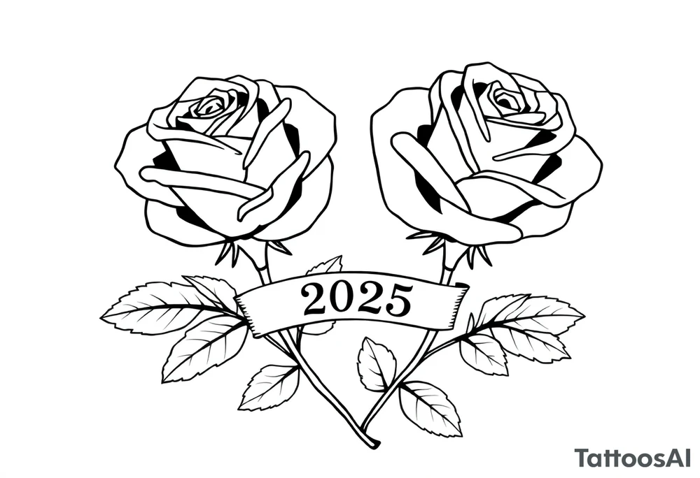 two beautiful large rose buds, one larger than the other, with many leaves next to the rose buds, with one sitting higher than the other. Include a banner connecting the two roses with the year 2025 on it.   Use dark outlines with little shading. The two stems should be short, not long, and connect and join into one stem, whimsically curved or twisted - not straight down. tattoo idea