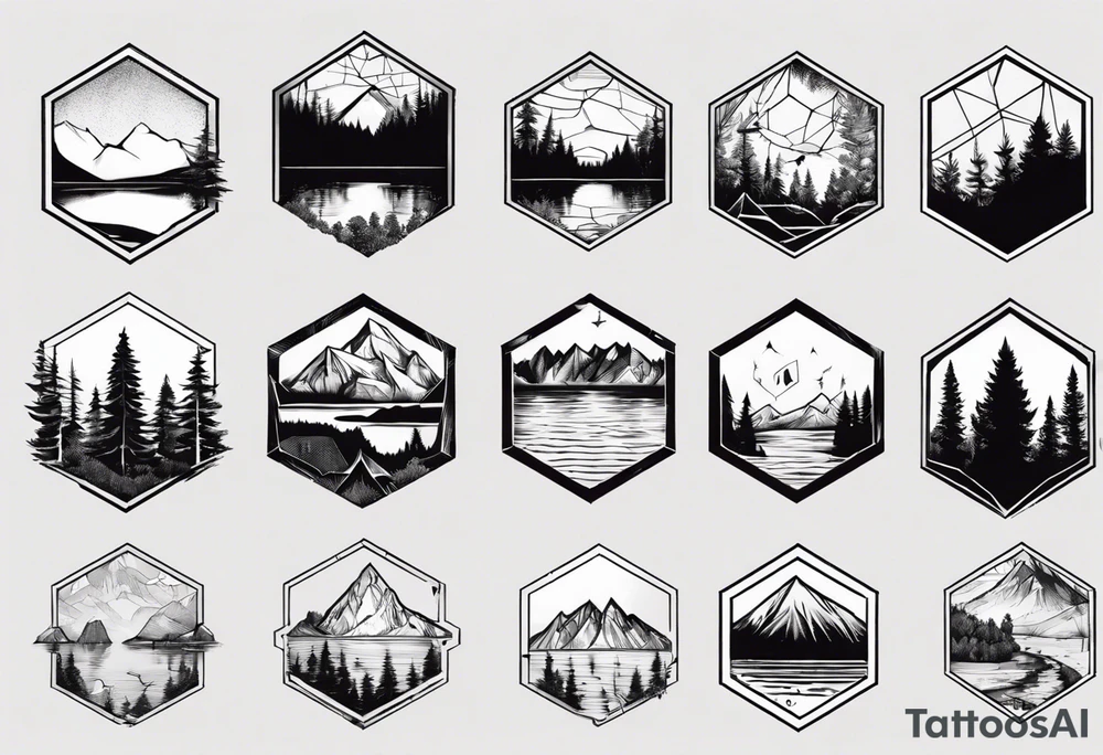 Several connected hexagons with various landscapes inside including mountain , sun, coniferous forest and lake tattoo idea