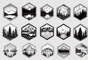 Several connected hexagons with various landscapes inside including mountain , sun, coniferous forest and lake tattoo idea