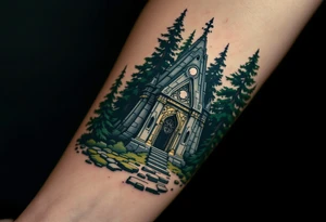 Slavic Pagan Temple – A stone temple with intricate geometric carvings in mossy green and gray tones, nestled in a dark pine forest under a full moon. tattoo idea