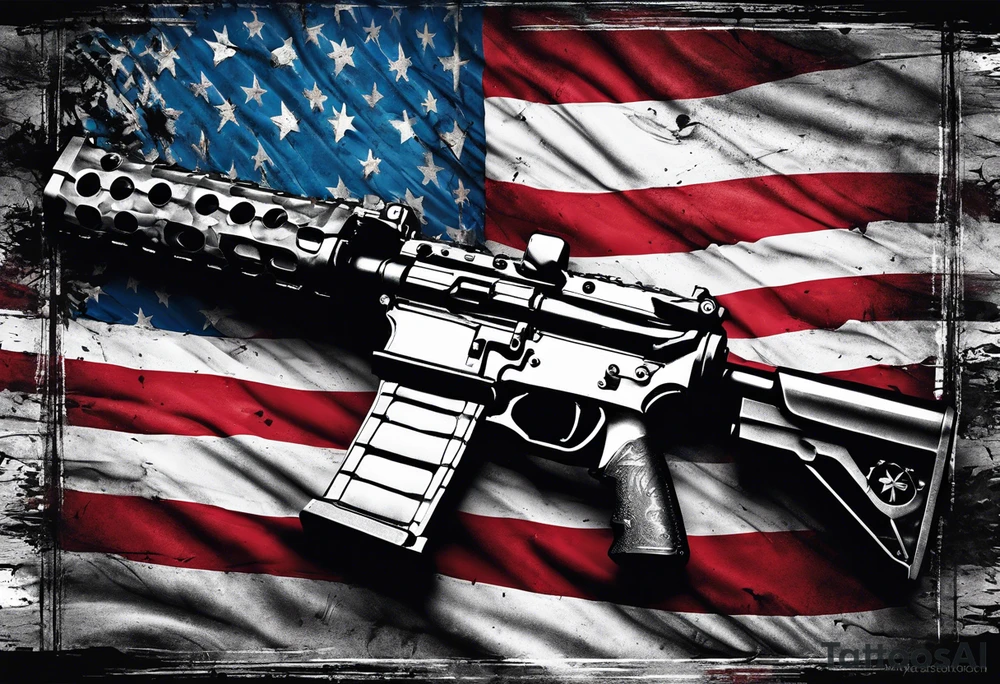 Distressed American flag behind a cross with 2 guns leaned on it simpler tattoo idea