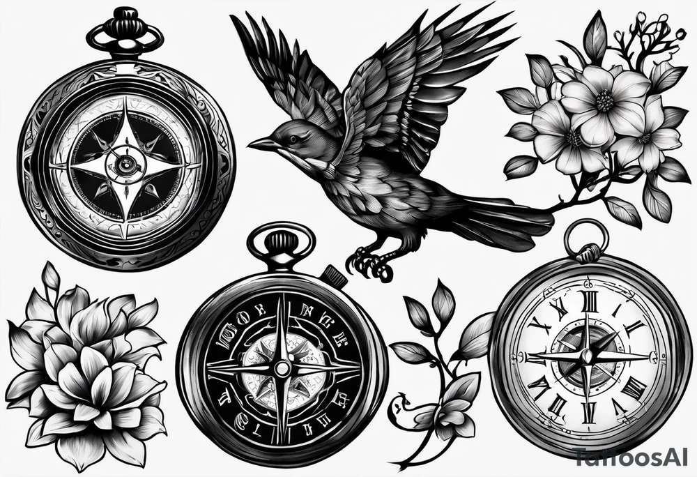 black and grey composition of three elements, 1), combination old school pocket watch and nautical compass, 2) a tree of life and 3) a doctor bird, connected together by lignum vitae flowers, on the arm 3/4 sleeve tattoo idea