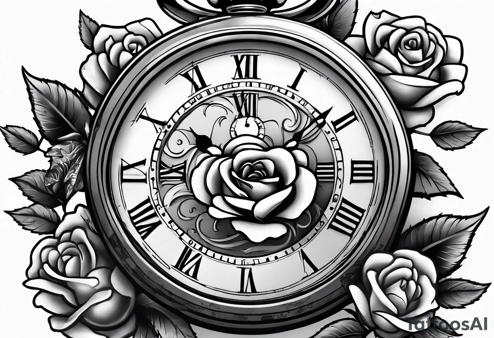 Pocket watch with chain and roses tattoo idea