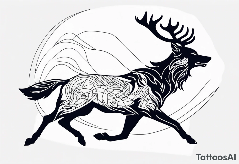 stag running with wolf tattoo idea