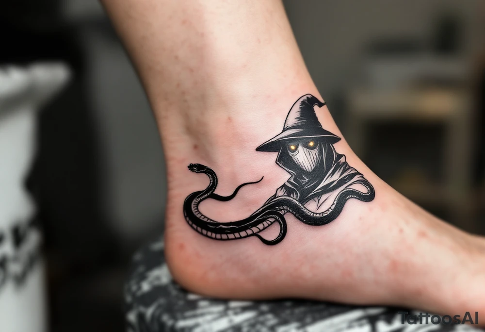 Plague Doctor with a Snake – A dark-robed doctor witn a silver-gray with tipical mask, with a black viper wrapped around their arm, symbolizing healing and poison. The snake's eyes glow deep amber, adding a mystical touch. tattoo idea