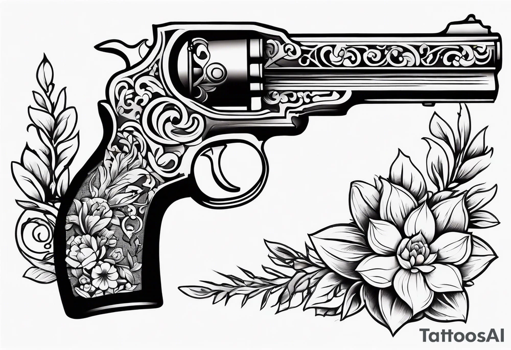 Western pistol with western filigree and floral or succulent accents for forearm sleeve tattoo idea