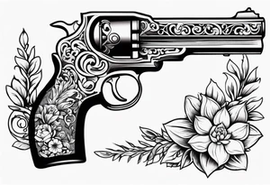 Western pistol with western filigree and floral or succulent accents for forearm sleeve tattoo idea