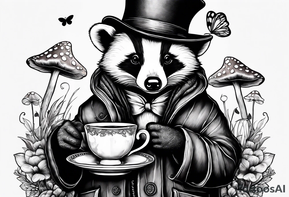 Badger in a coat with a teacup sitting on a mushroom tattoo idea