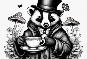 Badger in a coat with a teacup sitting on a mushroom tattoo idea