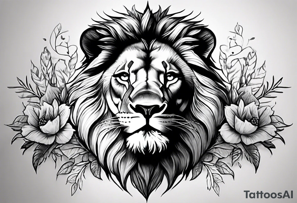 I want a detailed lion with a cross scar over his eye and a crown and the thorns on his head with maybe a little bit of floral work in the crown tattoo idea