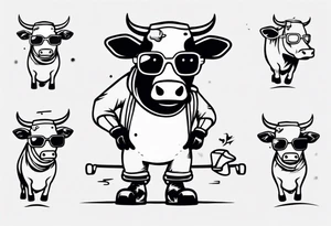 cow snowboarding wearing goggles, very simple linework tattoo idea