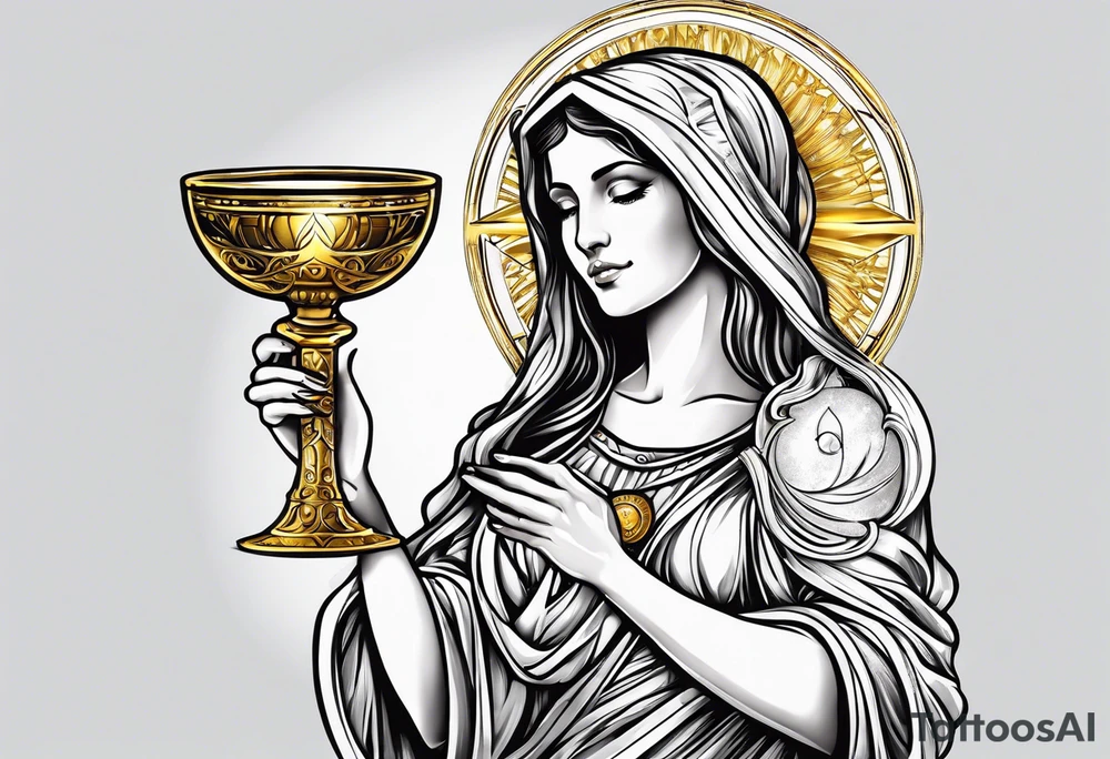 woman saint holding chalice surrounded by golden halo sideways tattoo idea