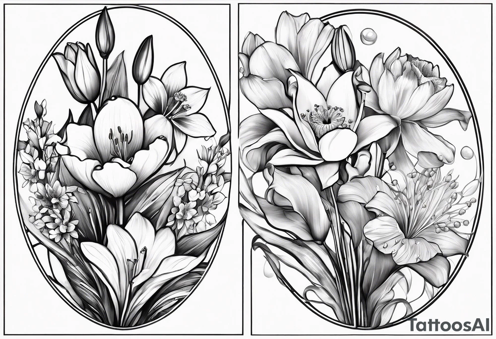 A bouquet of flowers with a water lily, gladiolus, poppy, lily of the valley, daffodil, and a honey suckle with long stems tattoo idea