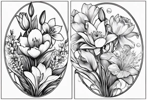 A bouquet of flowers with a water lily, gladiolus, poppy, lily of the valley, daffodil, and a honey suckle with long stems tattoo idea