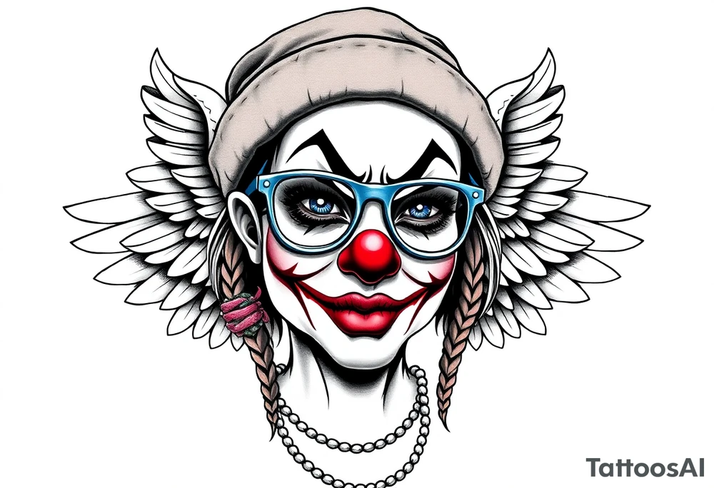 Mexican Clown Girl thug beanie eyeglasses angel wings tattoo idea