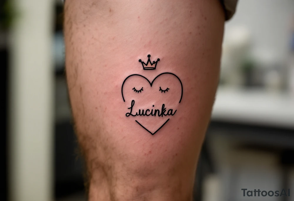 A minimal black line heart with a tiny crown above the name Lucinka. tattoo idea