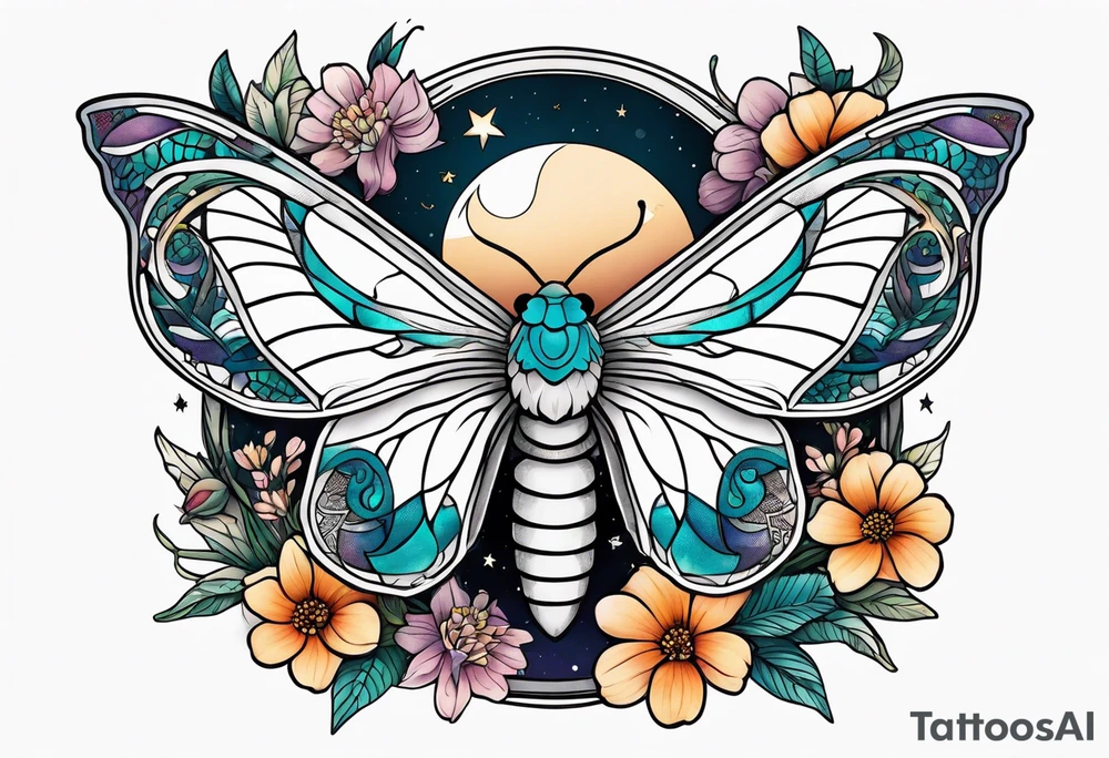 Moth, moon, snake, flowers tattoo idea
