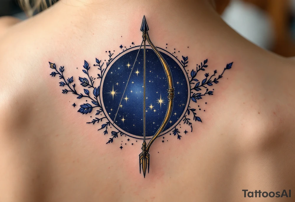 A Sagittarius bow and arrow with the star constellation embedded surrounded by midnight blue. tattoo idea