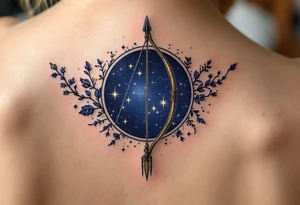 A Sagittarius bow and arrow with the star constellation embedded surrounded by midnight blue. tattoo idea