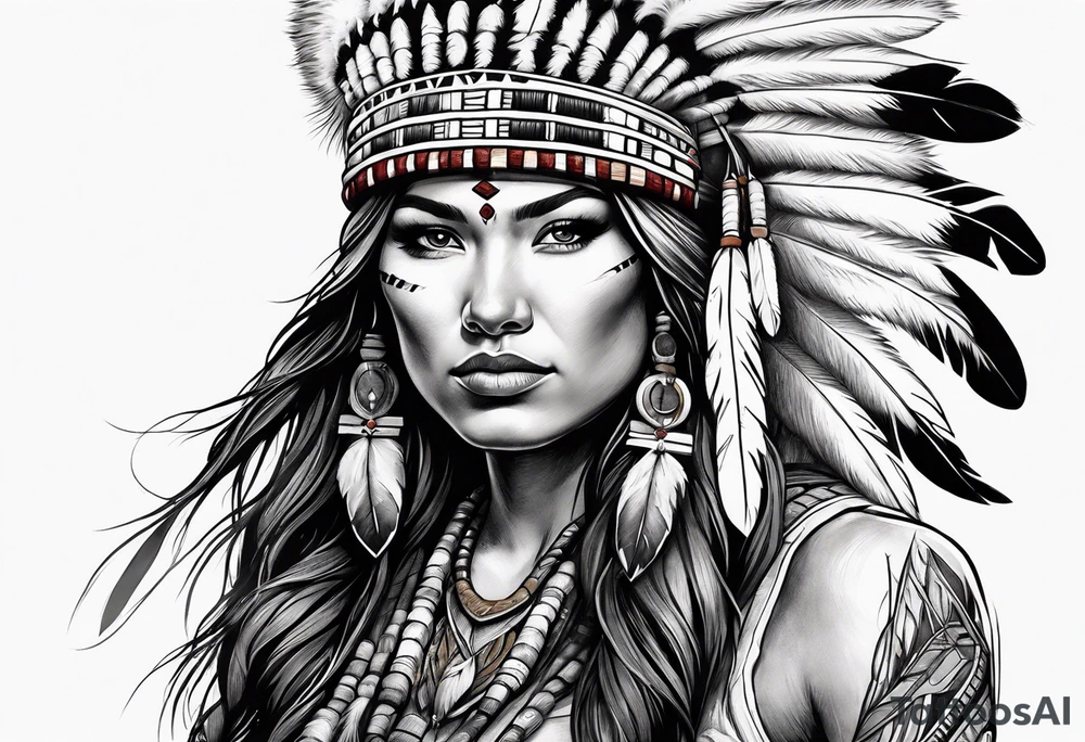 Female Native American warrior with wolf head hat tattoo idea