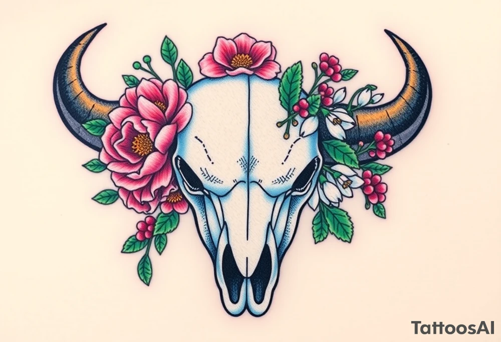 Buffalo or bison skull with flowers. Peony, snowdrop, holly with berries, larkspur, peony. Colour. For upper arm or shoulder. Masculin. tattoo idea