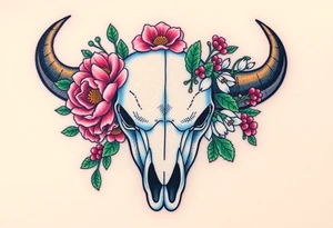 Buffalo or bison skull with flowers. Peony, snowdrop, holly with berries, larkspur, peony. Colour. For upper arm or shoulder. Masculin. tattoo idea
