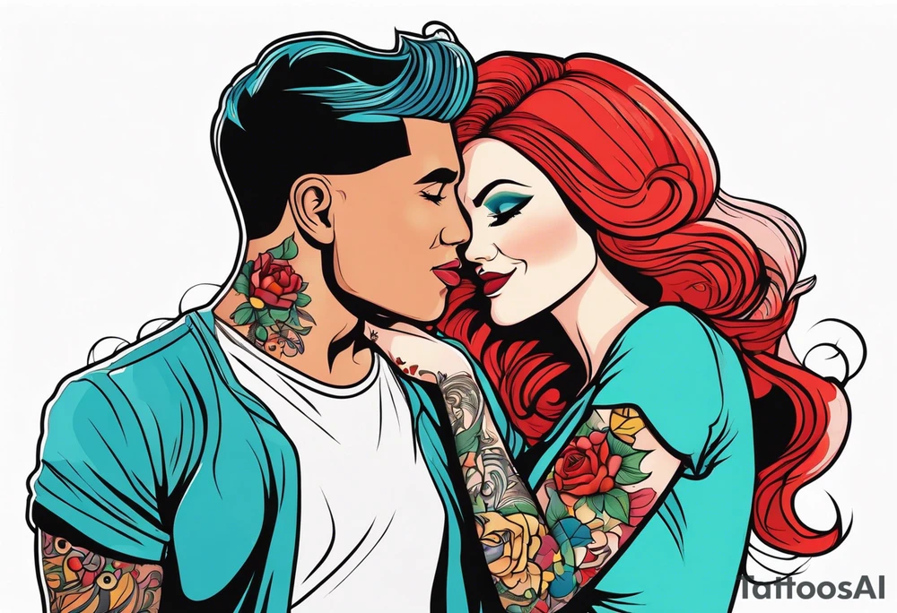 Red haired woman with black haired man tattoo idea