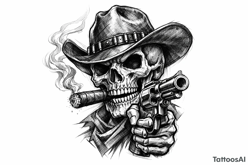 skull with cowboy-hat,a big cigar in his mouth and a gun in a hand. tattoo idea