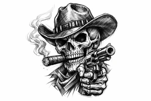 skull with cowboy-hat,a big cigar in his mouth and a gun in a hand. tattoo idea