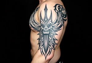 Bray Wyatt The Fiend top center piece of sleeve with Polynesian tribal design surrounding covering up old tattoo tattoo idea