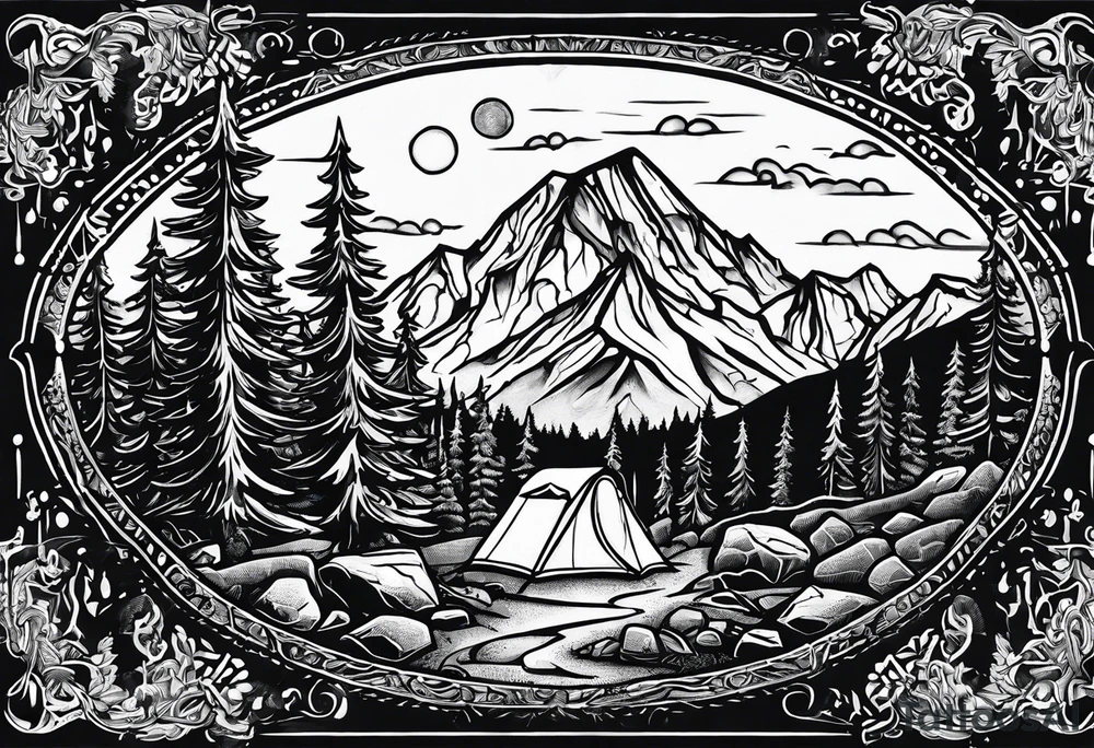 small camp fire at the base of a mountain tattoo idea