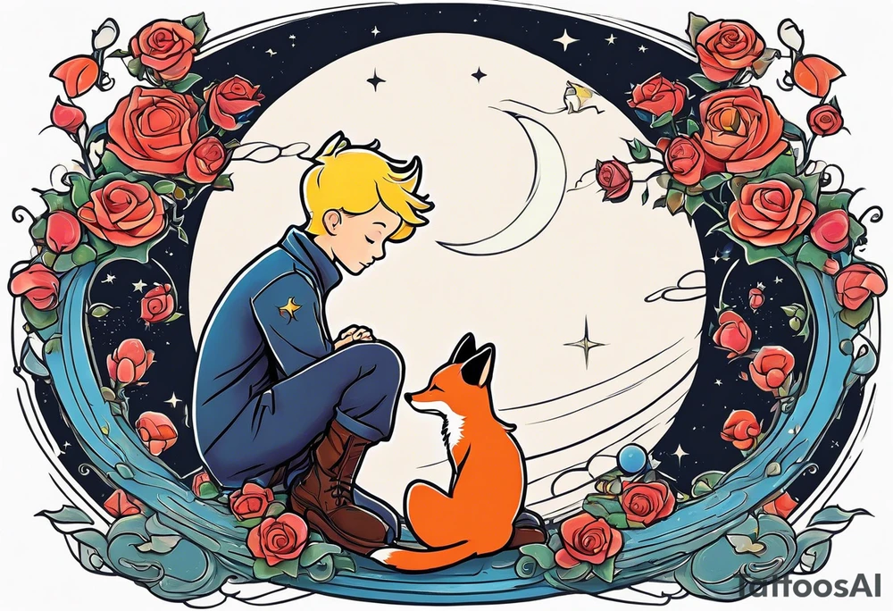 The Little prince sitting on his planet toghether with the fox on his planet besides his rose. Both are watching into the sky tattoo idea