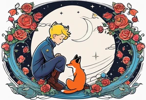 The Little prince sitting on his planet toghether with the fox on his planet besides his rose. Both are watching into the sky tattoo idea