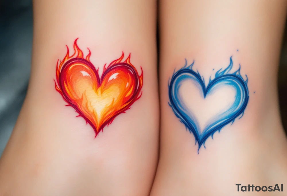 A fiery orange heart on one partner and a cool blue heart on the other, symbolizing passion and calm. tattoo idea