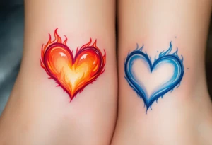 A fiery orange heart on one partner and a cool blue heart on the other, symbolizing passion and calm. tattoo idea