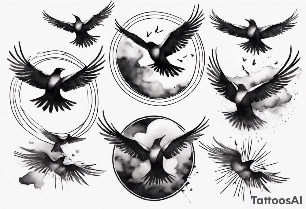 shoulder tattoo with light rays with birds flying free among the clouds, round shape, 3d effect tattoo idea