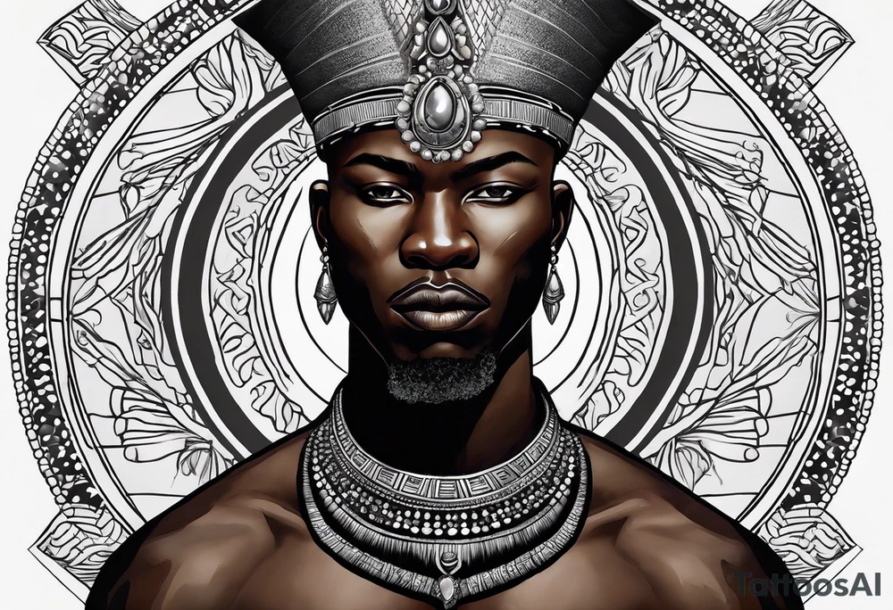 Black-skinned bald african warrior. He wears a simple and small silver crown. He uses a necklace of cowry shells tattoo idea