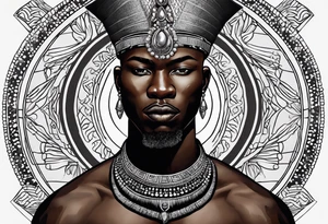 Black-skinned bald african warrior. He wears a simple and small silver crown. He uses a necklace of cowry shells tattoo idea