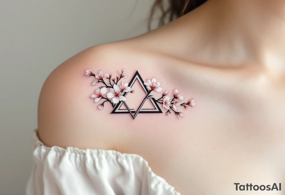 A delicate triquetra intertwined with blooming cherry blossoms, with soft pink and white petals adding a touch of femininity. tattoo idea