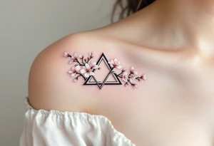 A delicate triquetra intertwined with blooming cherry blossoms, with soft pink and white petals adding a touch of femininity. tattoo idea